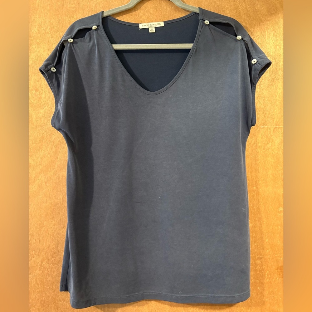 Green Envelope Navy Short Sleeve Tee with Pearl Shoulder Buttons